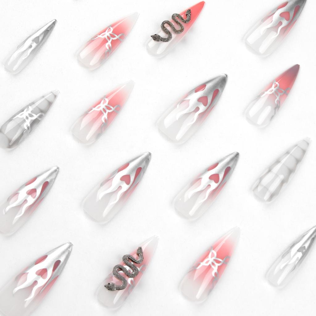 Wearable nail sticker Silver flame chain Pink smudged snake pattern rhinestone nail piece Removable nail