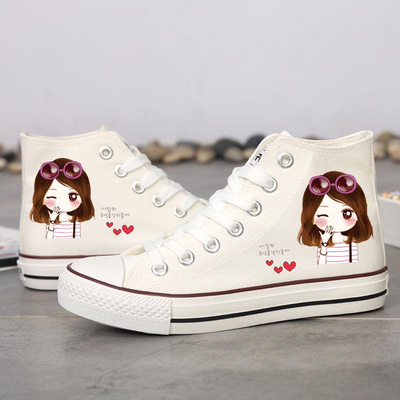 Dámské Boty Jarní Vysoké plátěné Boty Dámské Ploché Ležérní Deskové Boty Studentky Graffiti Boty Korejská verze Wild Cloth Boty Tide