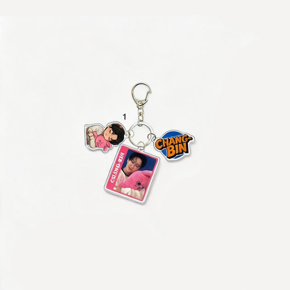 1pc Stray Kids Keychain 3-in-1 Polaroid Style Real Photo Frame Cute Cartoon Doll Colorful Name Tag Triple Charm Keyring for Bags, SKZ Merch STAY Gift