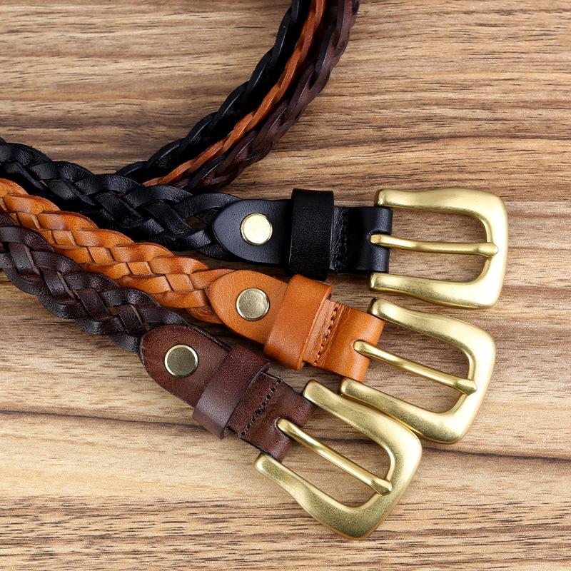 Genuine Leather Hand-Woven Women'S Leather Copper Buckle Without Punching Pin Buckle Decoration With Jeans Belt
