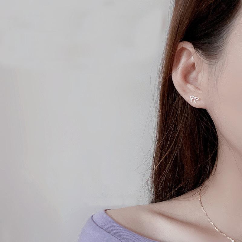 925 Silver Jewelry Women Fashion Cute Tiny Clear Bowknot Stud Earrings Gift for Girls Teens Lady