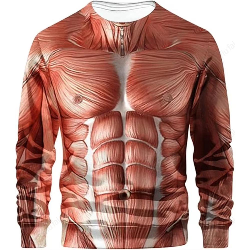 Rundhals Langarm T-Shirt 3D Lustig Muskelkörper Bedruckte T-Shirts Slim Oversized T-Shirt Herren Oberteile Hässliche Brusthaare Oberteile T-Shirts Neu
