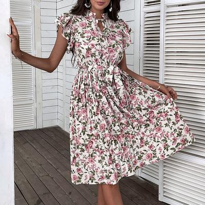 Women Spring Summer Flower Print Vintage Short Sleeve O-neck Mid-calf Casual Dresses