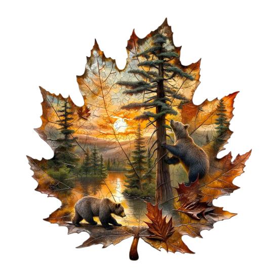 1 Set Animal Maple Wooden Puzzle Elk Bear Wolf Horse Koala Fox Deer Fall Leaf Irregular Jigsaw Puzzle Decoration Educational Toy