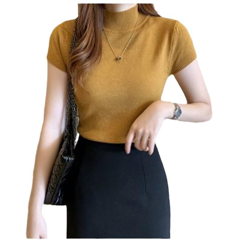Women's Slim-Fit Large-Gauge Knit Half-High Neck Short Sleeve Top - Ideal Autumn/Winter Base Layer or Outerwear Sweater