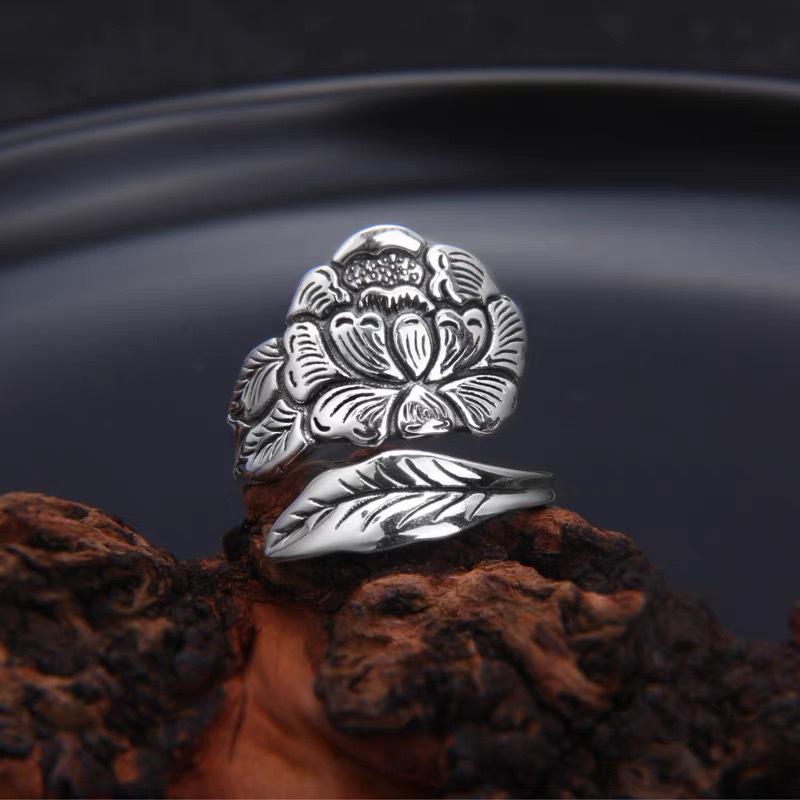 Retro Sterling Silver Peony & Lotus Women s Open Ring - Enamel Ethnic Style Jewelry Adjustable Open Ring