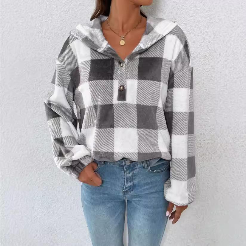 Plus Size Casual Sweatshirts Women's Plaid Print Long Sleeve Henley Hooded T-Shirt
