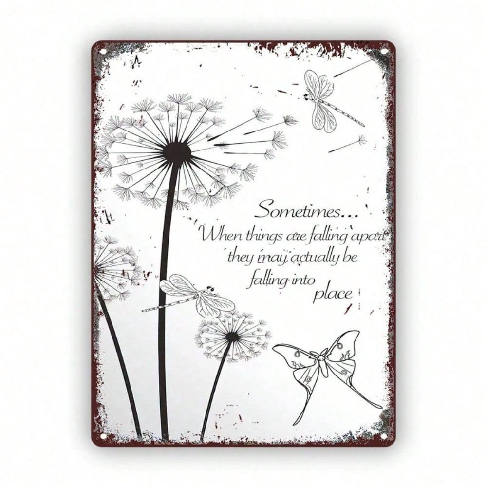 Vintage Dragonfly Dandelion Tin Sign – Retro 2D Wall Art for Home, Bar, Cafe, Beach House Decor