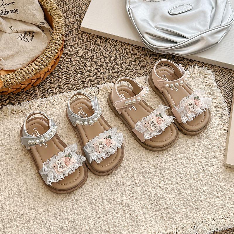 Korean Style Princess Shoes for Little Girls - 2026 Summer Lace Trim Sandals with Soft Sole