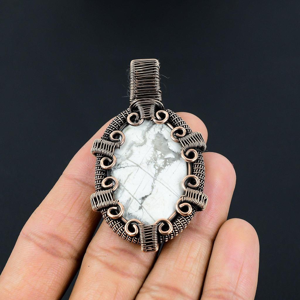 Howlite Pendant, 999 Copper Wire Wrapped Gemstone Jewelry, Handmade Pendant, For Thanksgiving