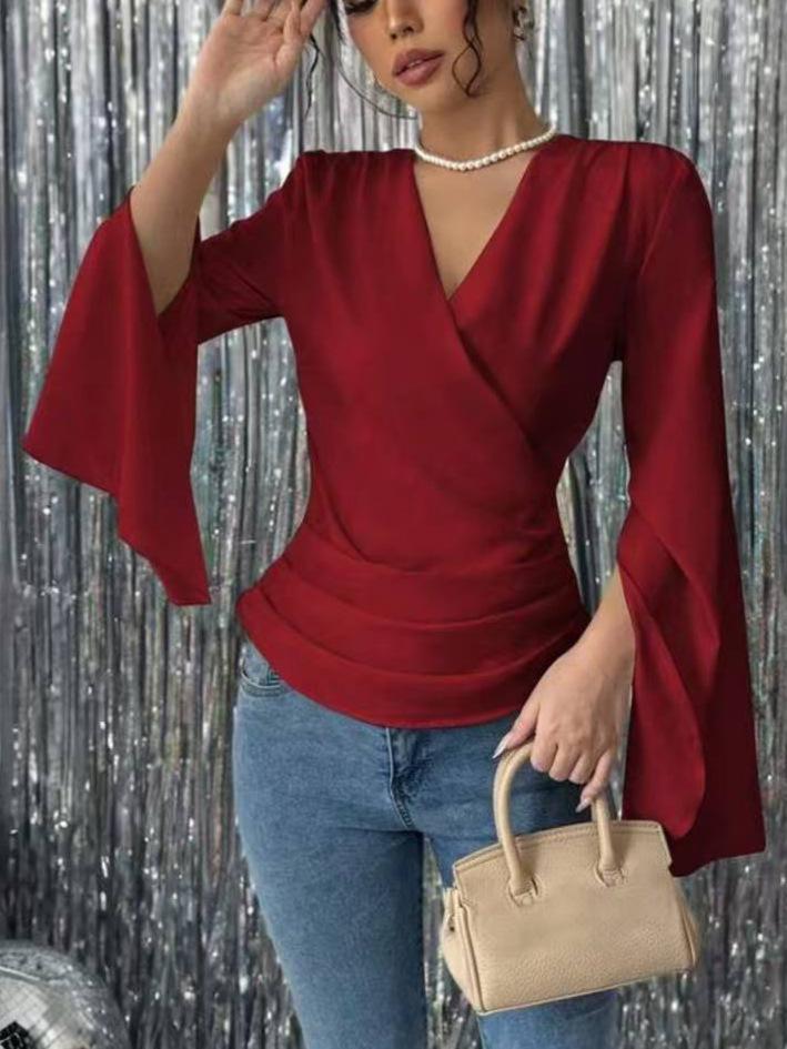2025 Autumn Elegant Cross-Neck Long-Sleeve Pleated Top with Split Flare Sleeves.