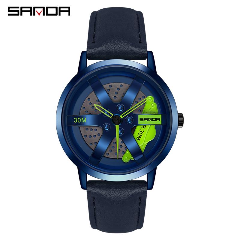 Regarder SANDA Mens Watch Rim Hub Watch Wheel Wristwatch Clock Sport Car Creative 360° Spinning Men Wrist Watch Reloj de hombre