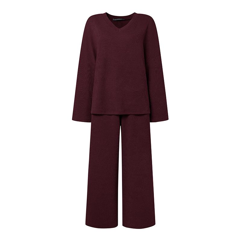 

ZANZEA Жіночі в язані костюми Повсякденна блузка з довгим рукавом і штани Набори з двох предметів S вина червоного кольору