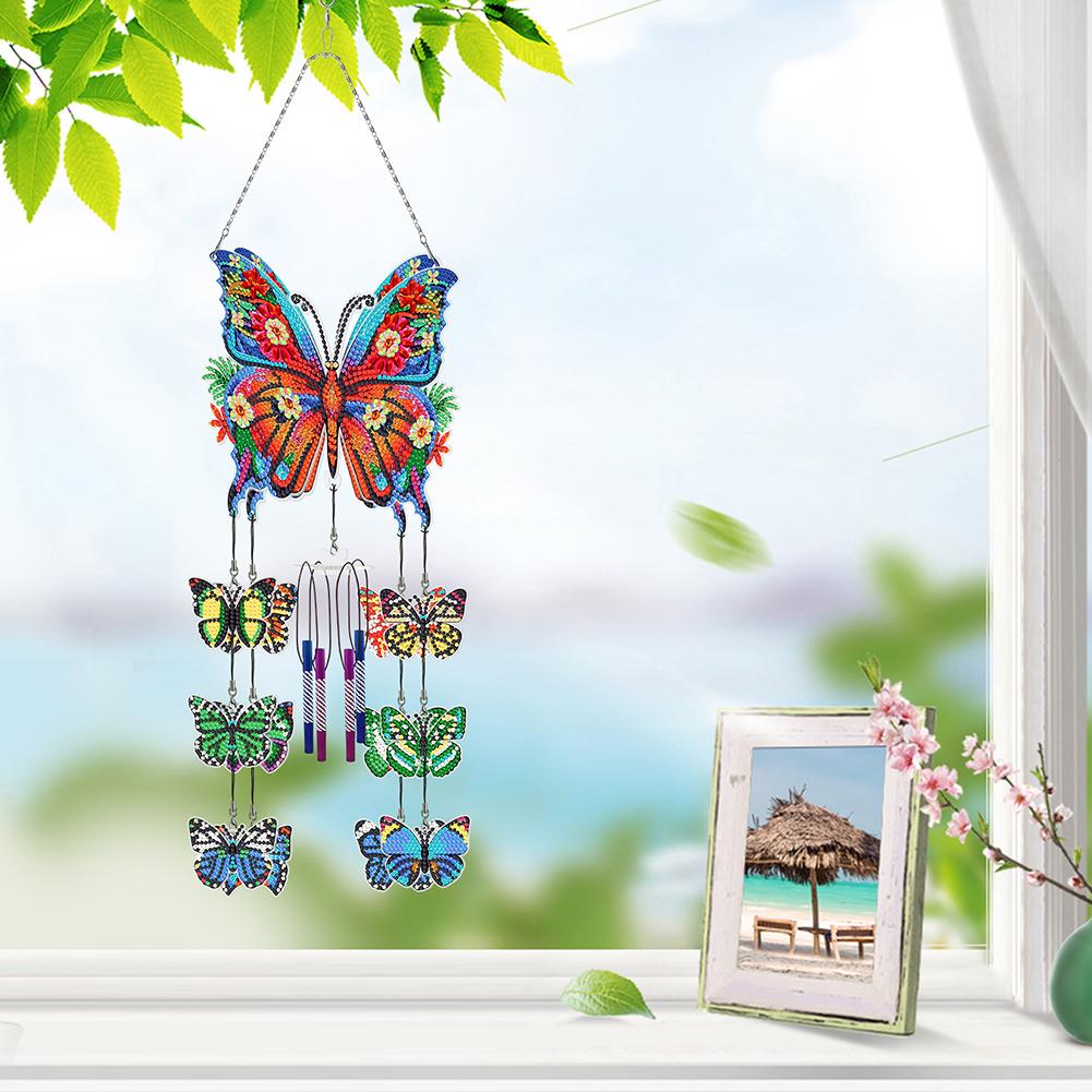 Flower Butterflies Wind Chime Diamond Painting Home Decor 5D DIY Diamond Painting Dots Pendant for Garden Window Decoration