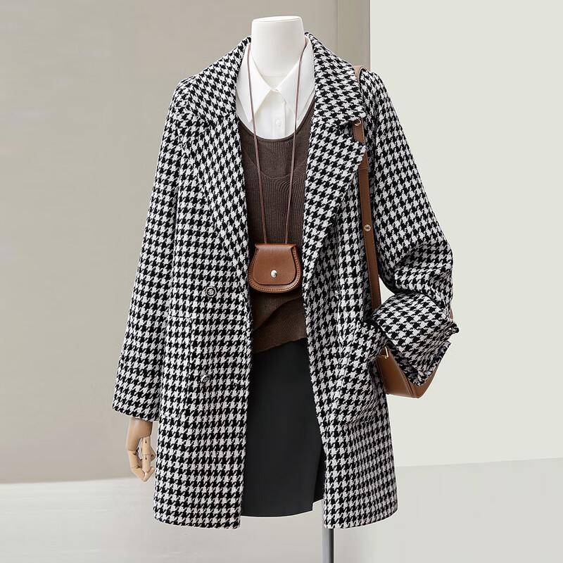 Women's Elegant Houndstooth Mid-Length Winter Coat