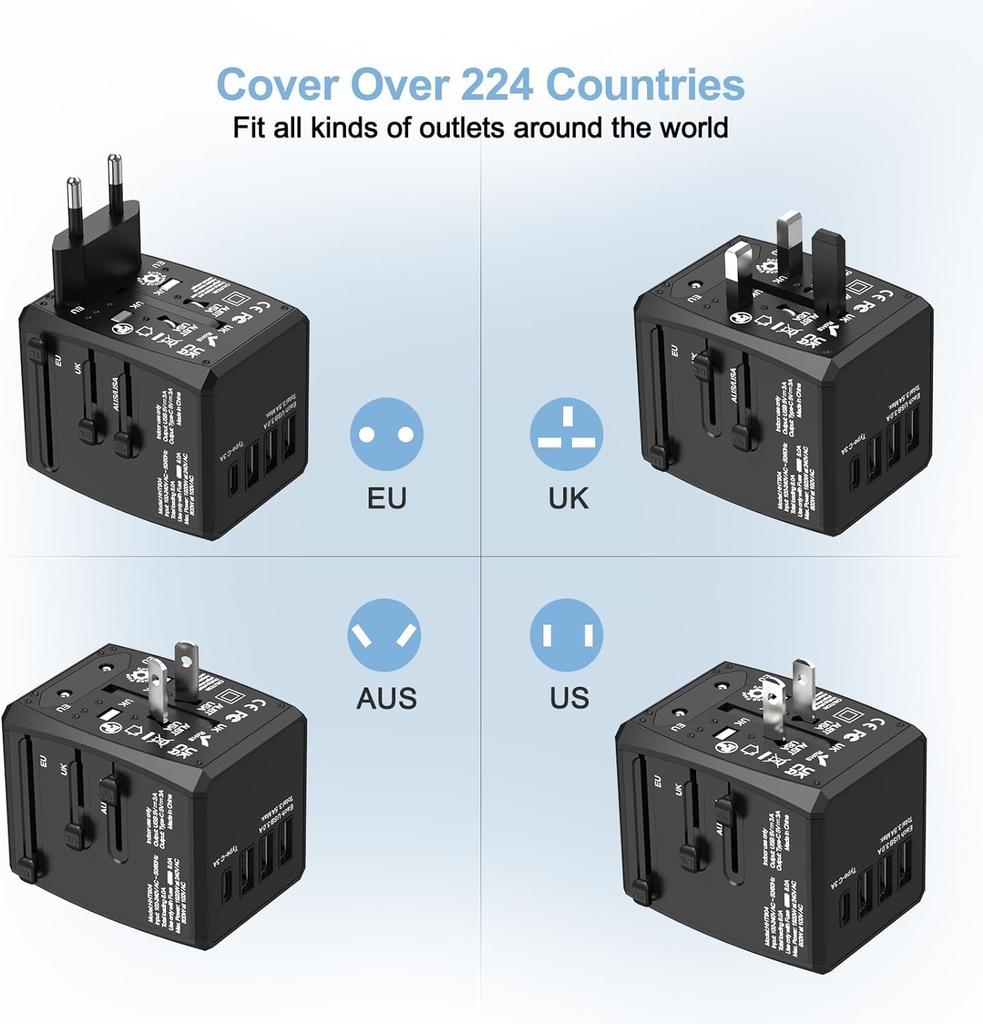 Amoner International Adapter Type Travel Power Fast 3 Ports and 1 AC Adapter Compatible with Type C International Black Converter, C, Transformer,