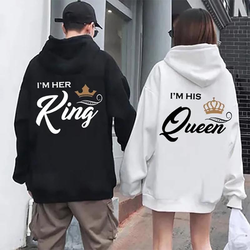 Fashion King & Queen Couple Hoodies Long Sleeve Pullover Couples Matching Outfits Streetwear Lovers Clothes Valentine Day Gifts