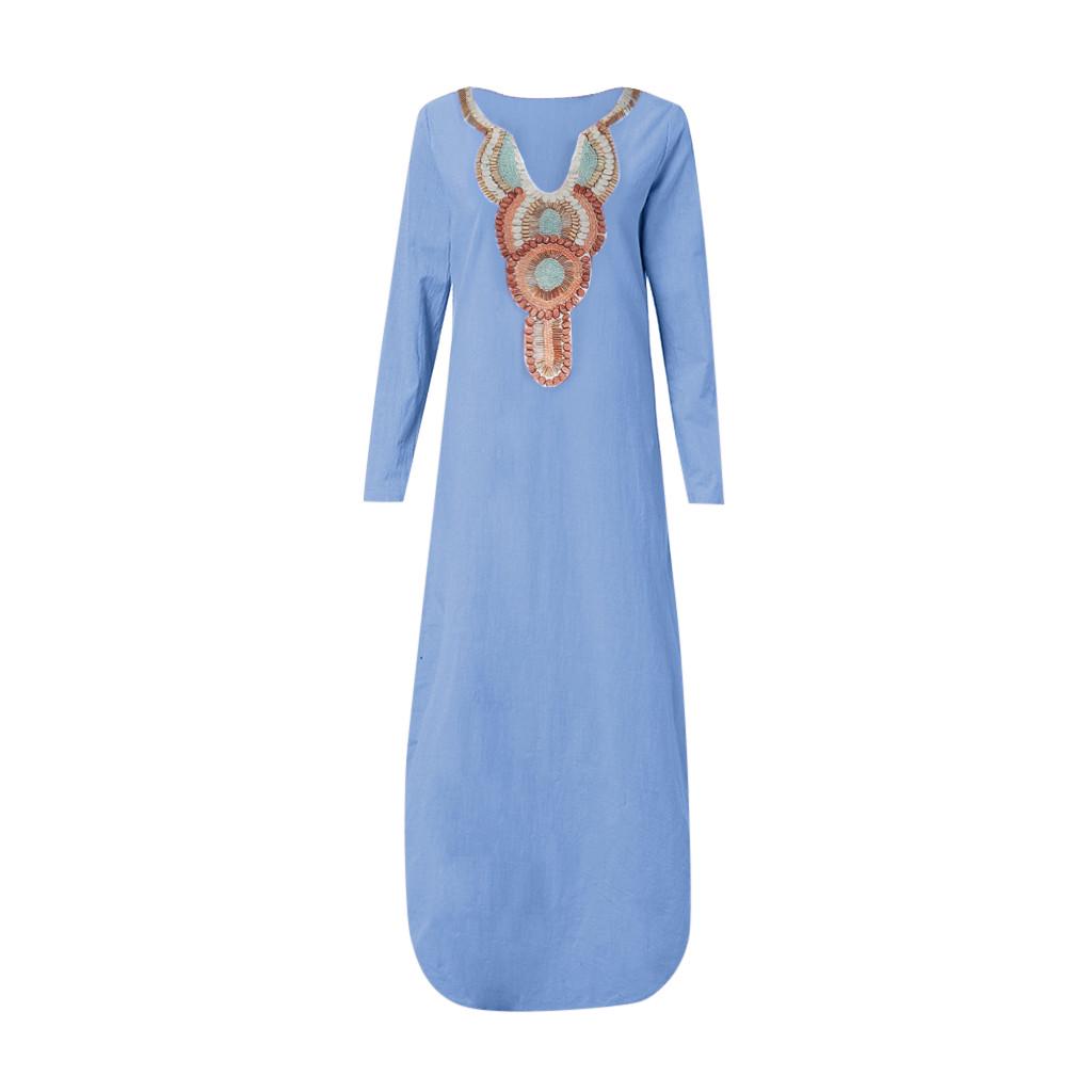 Women’s Printed Long Sleeve U-neck Maxi Dress Split Hem Baggy Kaftan Long Dress