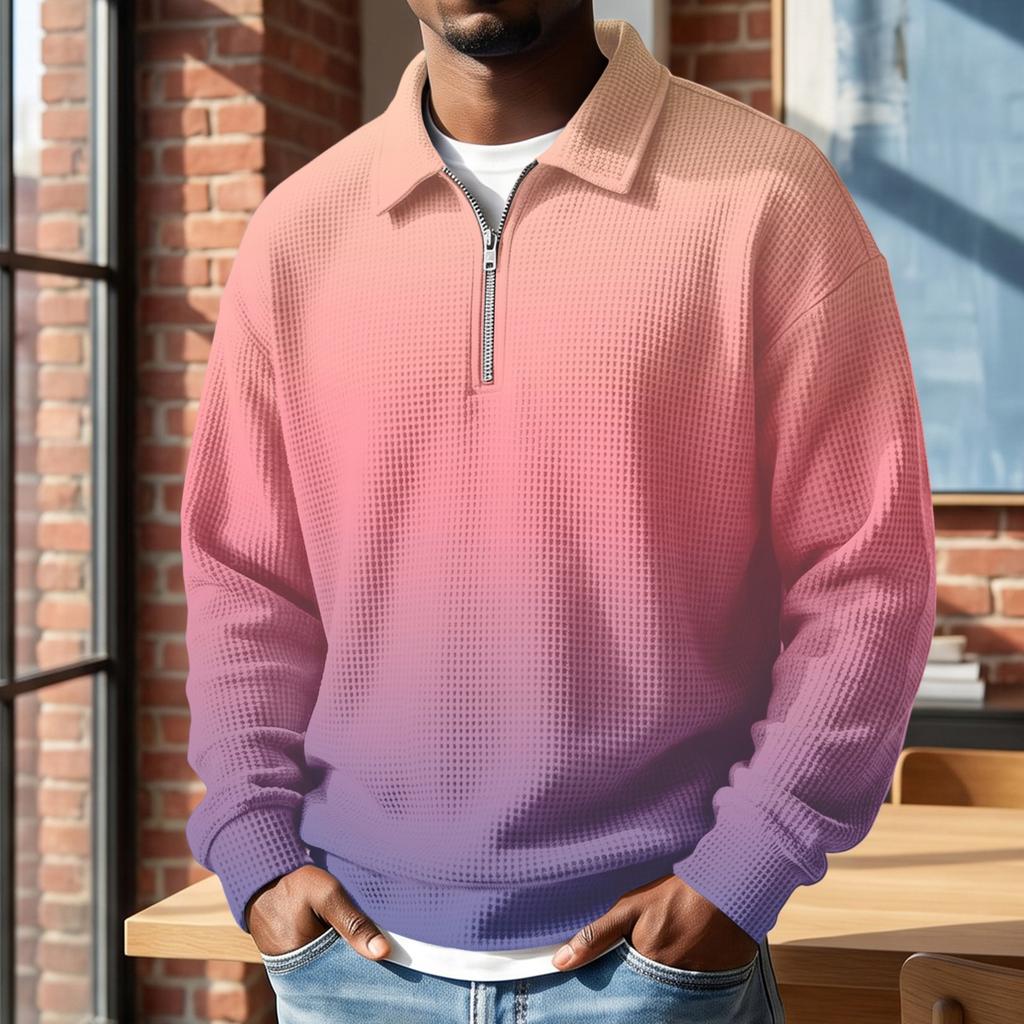 Men's Retro Half-Zip Collar Pullover, Long Sleeve Gradient Print Casual Top for Fall and Winter