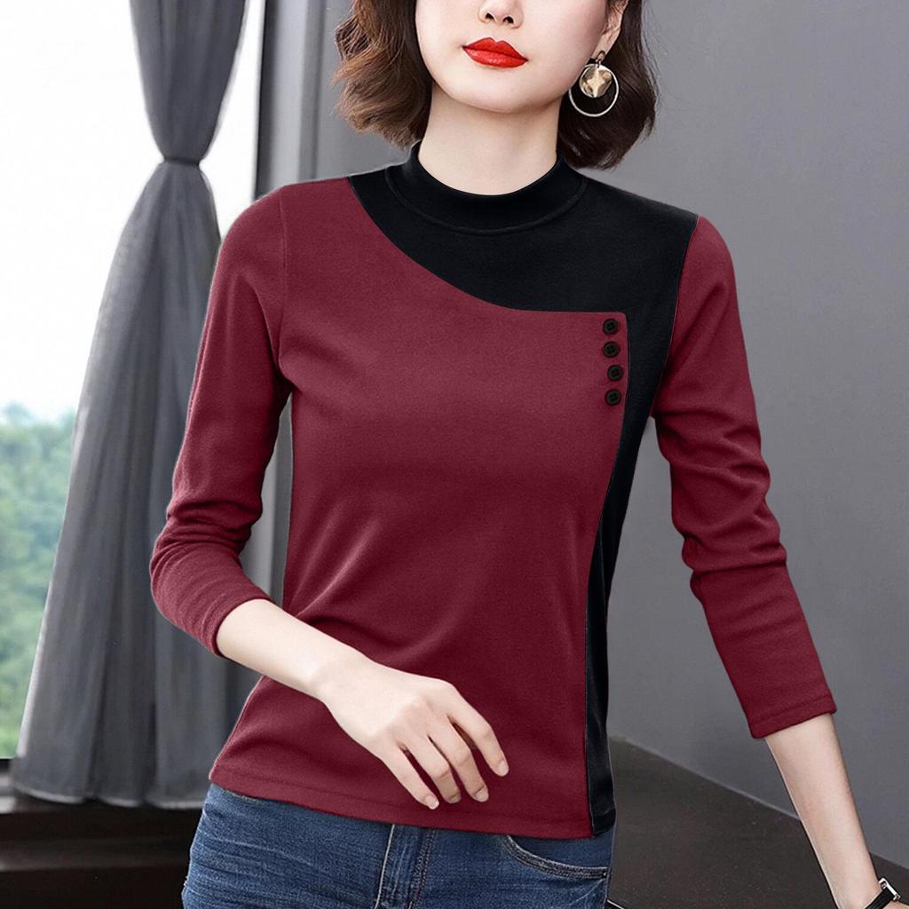 Women's Slim Thermal Patchwork Fleece T-Shirt for Autumn/Winter