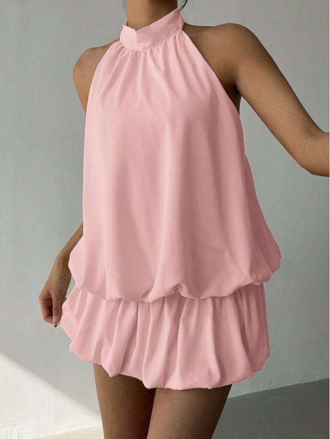 2025 European & American Solid Color Off-Shoulder Halter Neck A-Line Summer Dress