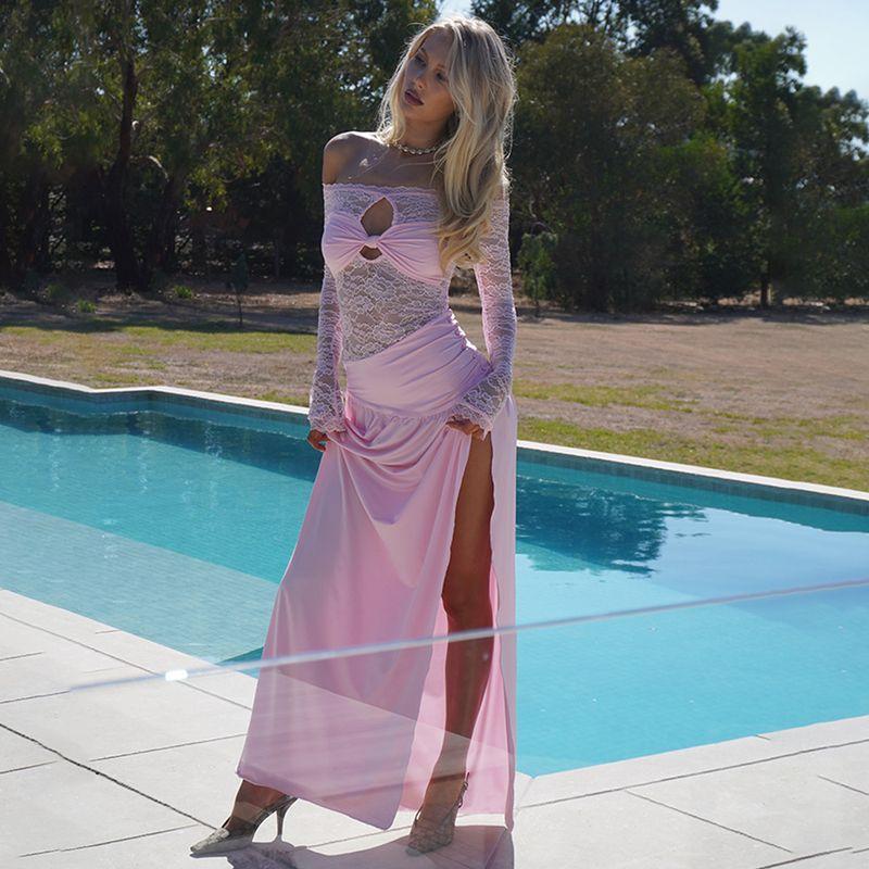 

European and American Foreign Trade 2025 Summer New off-Neck Lace Long dress Sexy High Slit Pleat Dress Women Pink S