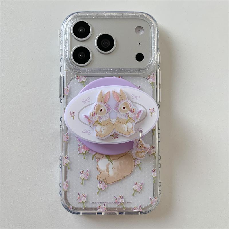 New 2026 Cute Floral Bunny Magnetic Phone Case For iPhone 17 16 15 14 Pro Max Bling Lens Pink Purple Clear Shockproof Cover For