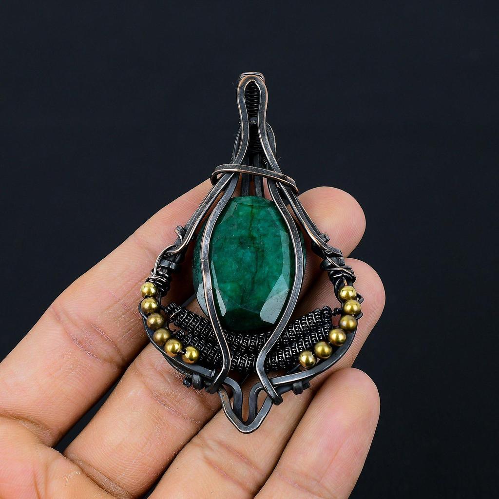 Lab-Created Emerald Gemstone Pure Copper Wire Wrapped Designer Handmade Pendant Jewelry For Wedding Gift