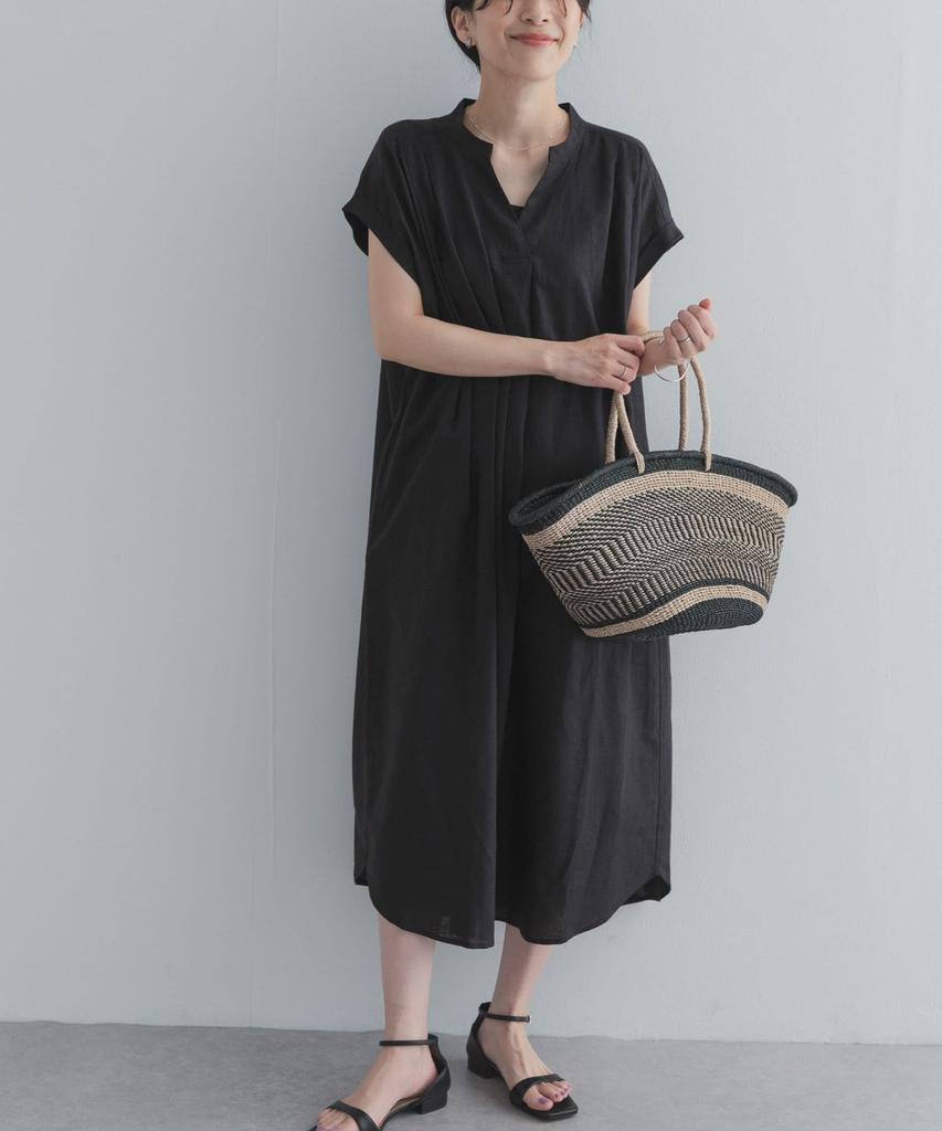 Research Linen Rayon Skipper French Free Size [Urban Doors] Dress, Women's DR26230-2061506, Black,