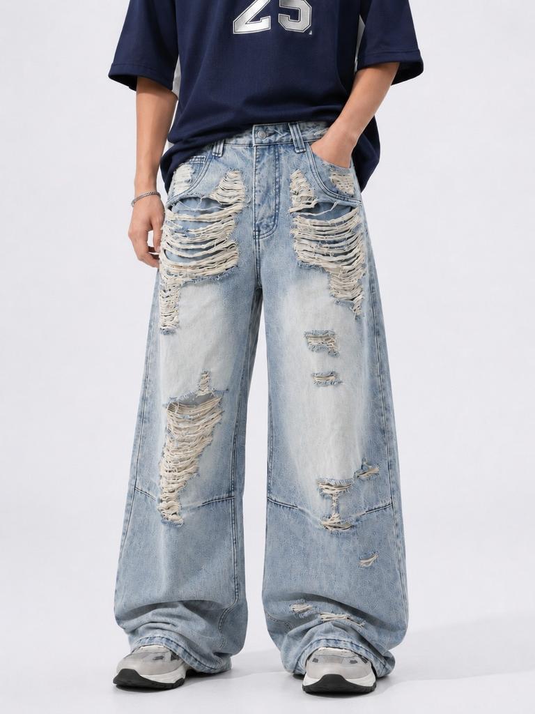 American high street ripped jeans men's loose wide-leg washed old floor-mopping trousers trendy retro straight-leg trousers