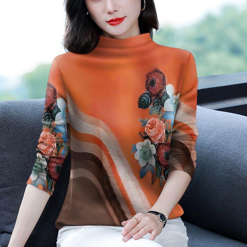 

Plus Velvet Mid-Rise Printed Long Sleeve Top for Middle-Aged and Elderly Women M