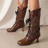 Women Sexy Lace Up Mid-Calf Heel Boots Vintage Gothic Lace High Heel Boots Victorian Steampunk Cosplay Autumn Boots Shoes 34-48