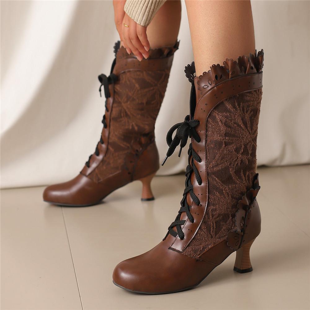 Women Sexy Lace Up Mid-Calf Heel Boots Vintage Gothic Lace High Heel Boots Victorian Steampunk Cosplay Autumn Boots Shoes 34-48