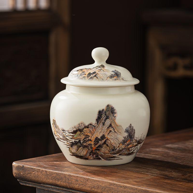 Vintage Mountain Scenery Pattern Ceramic Tea Caddy Moisture Seal Nut Candy Storage Jar Ink Ceramic Storage Bottle Art Decoration