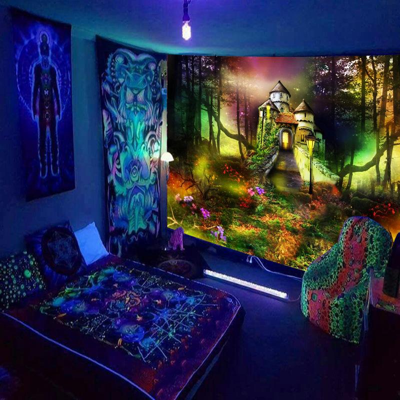 Black Light Tapestry Wall Hanging UV Reactive Psychedelic World Hippie  for Bedroom Dorm Indie Room Decor