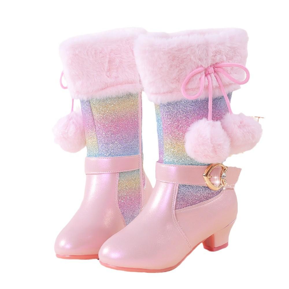 Classic Children Snow Boots Girls Colored Sequins Cute Hairball Bow Side Zipper Princess Shoes Autumn Winter Plush Warm Boots