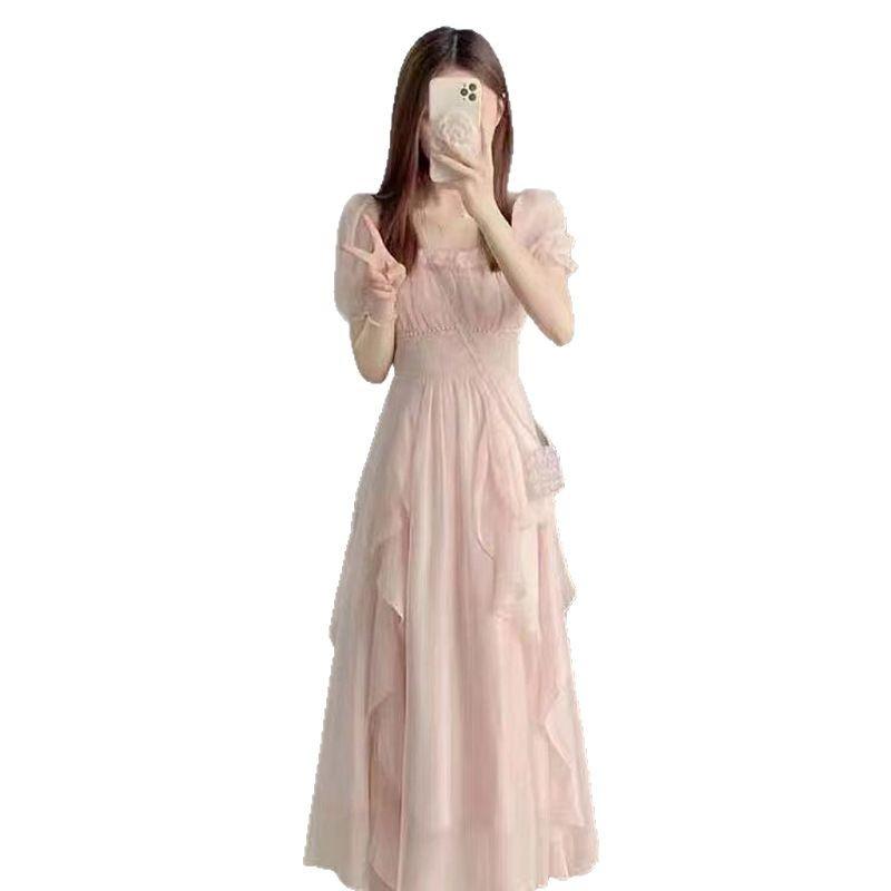 French square neck, sweet and gentle fairy-style dress for women, new summer women's clothing, waist-cinching slimming mid-length dress