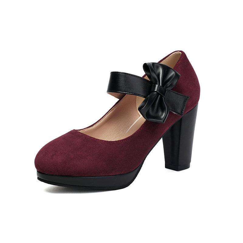Suede Round Toe Chunky Heels with High Heels Bow Velcro Line with Single Shoes