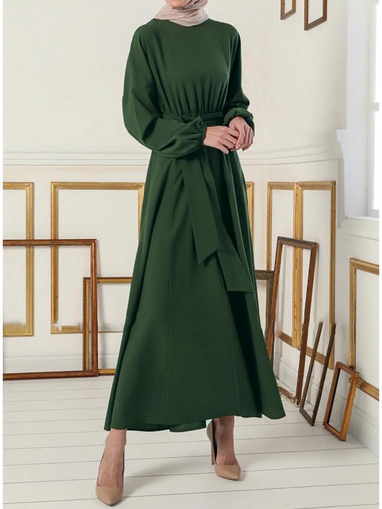 2022 Muslim Women's Solid Color Slim Tie-up Long Dress - Middle Eastern Dubai Fashion