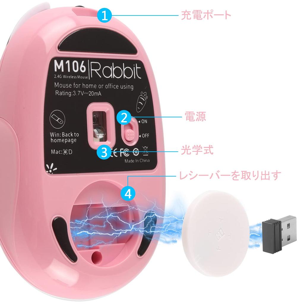 Wireless Mouse, 2.4Ghz USB Wireless, Optical, Stylish, Cute Rabbit Design, Rechargeable, Quiet Buttons, High Precision, Ergonomic, Portable, for Kids