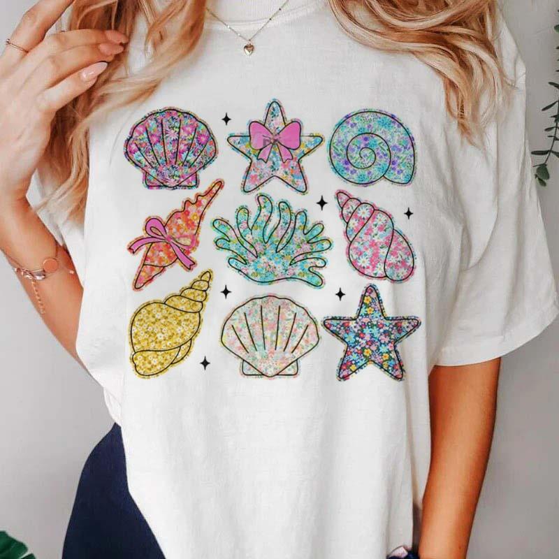 

TShirt Summer Girls Beach Shell Pattern Printed Womens Round Neck 90s Holiday Travel Casual Fashion Cartoon Fun Womens Top 3XL