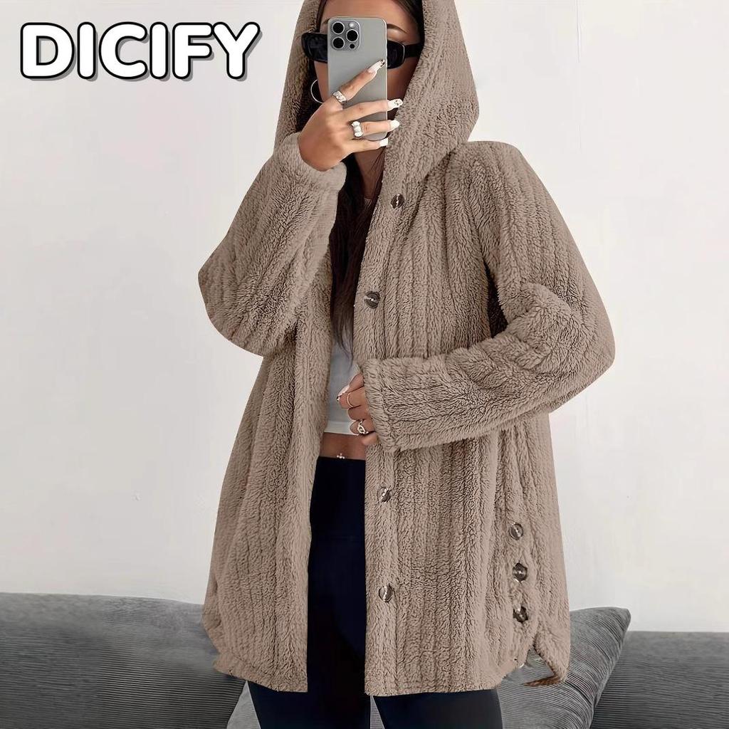 DICIFY ג'קטים ומעילים עם קפוצ'ון עם שרוולים ארוכים של נשים וינטג' סתיו חורף הדפס בצבע אחיד