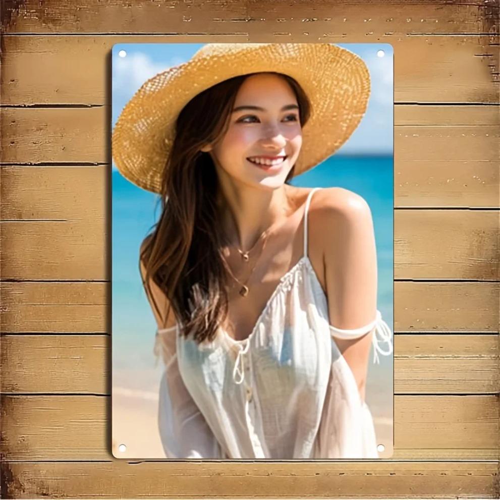 Vintage Beach Metal Sign - Woman In White Dress Wall Art for Home Decor, Durable 2D Flat Easy Hang Turquoise Waters Wall Decor