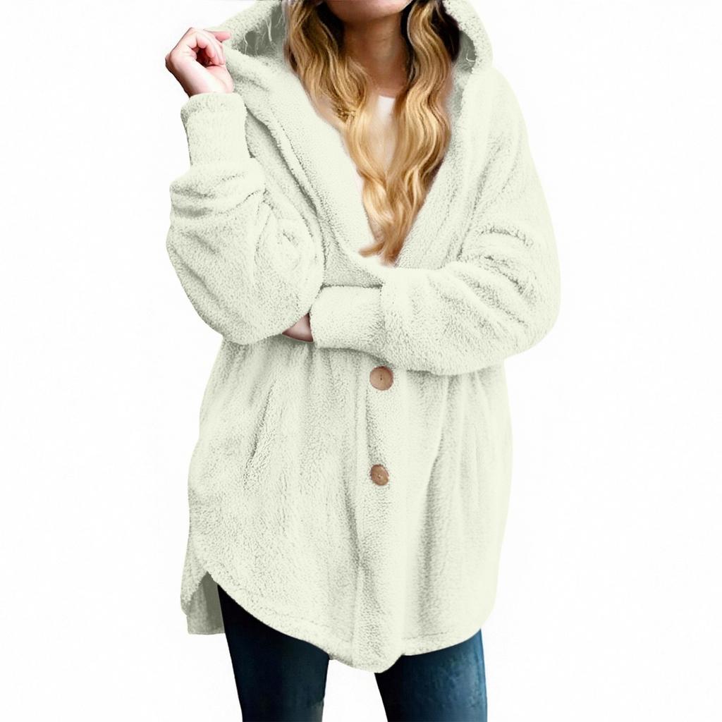 Women's Fashion Solid Color Pocket Button Hooded Loose Casual Plush Jacket