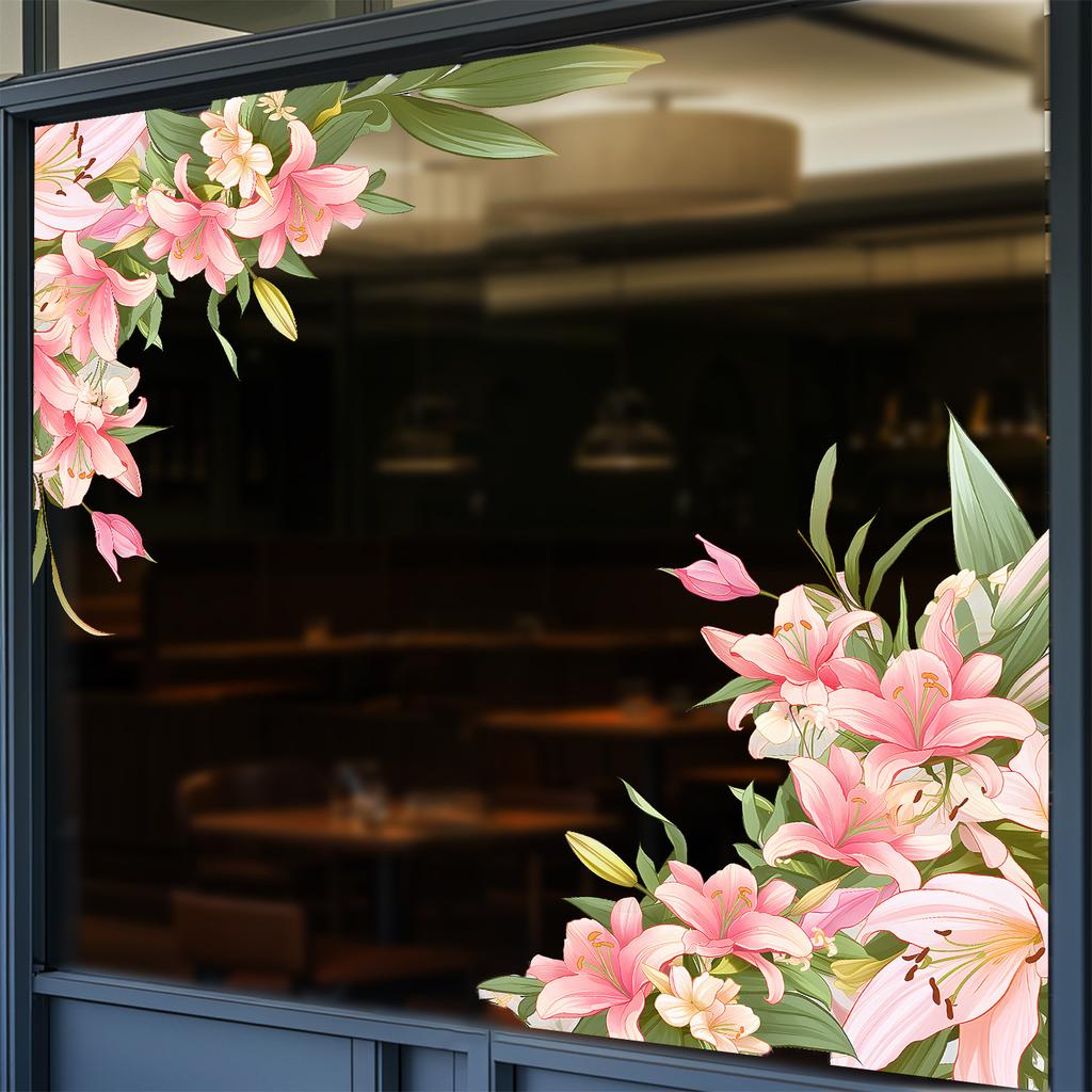 Pink Lily Corner Window Stickers Are Suitable for Bathroom Doors, Living Room and Bedroom.