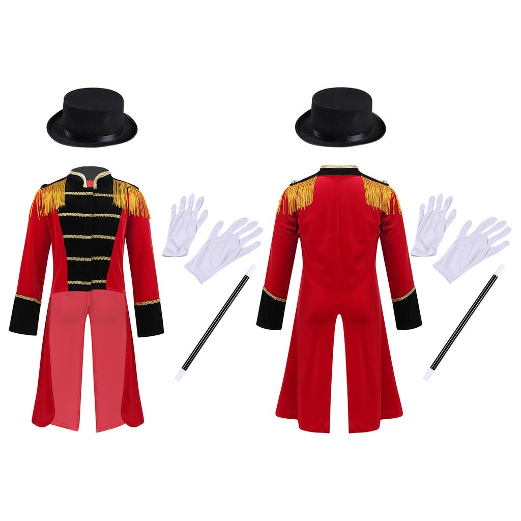 Boys Circus Costume Set Long Sleeve Stand Collar Tassel Shoulder Tailcoat Hat Magic Wand Gloves Performance
