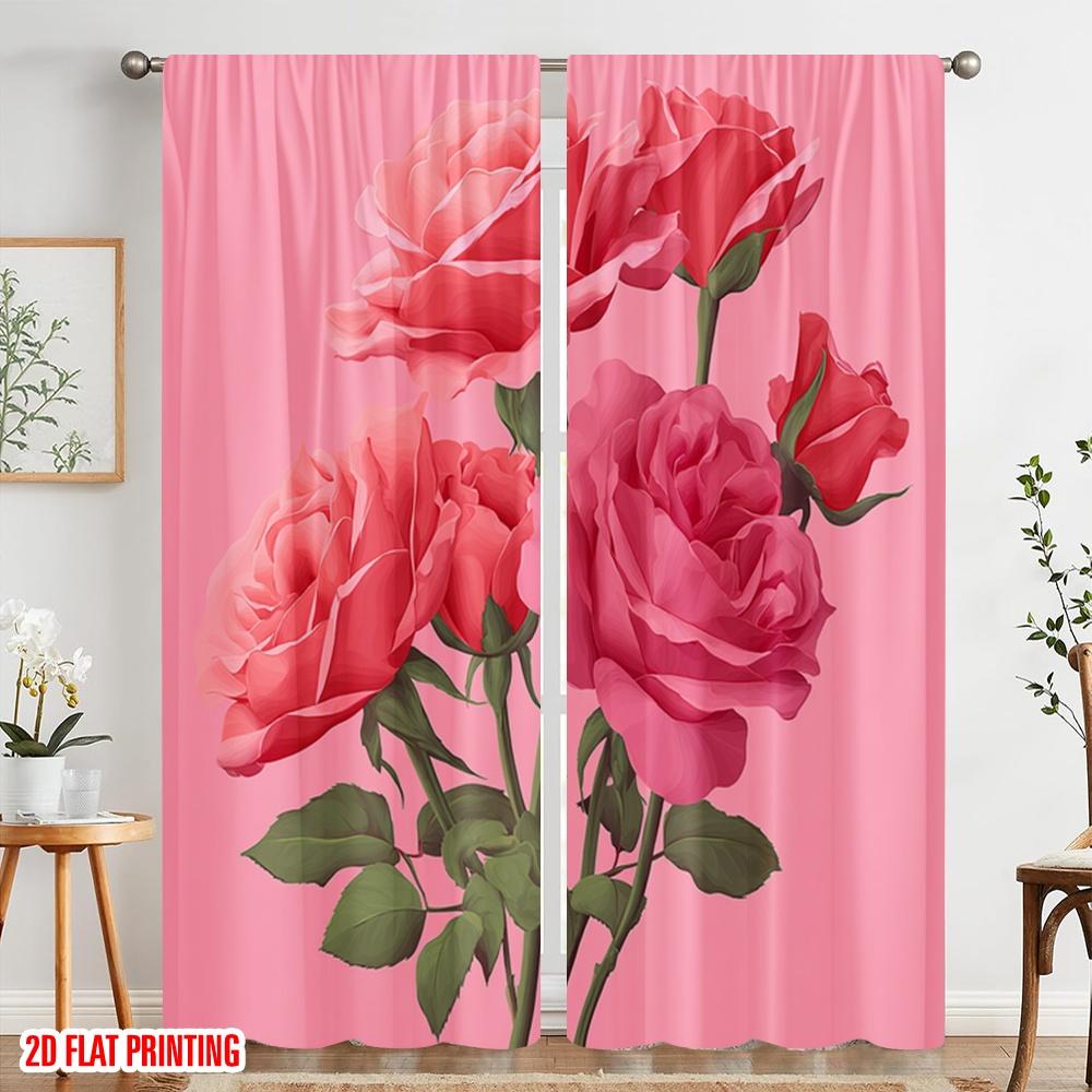 2 Stück, 2D-Flachdruck Vorhänge & Fensterdekoration Illustration Rosa Rosenstrauß Vielseitiger Polyesterstoff (ohne Stange) Zimmer