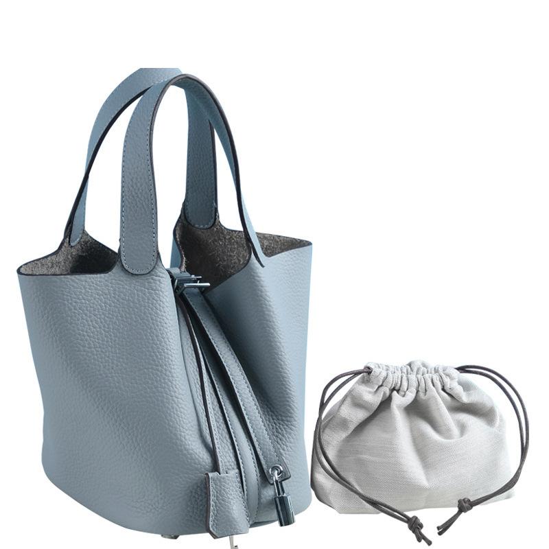 Leichter Luxus Echte Rindsleder Korb-Stil Eimer Tasche Neu für Damen Silberfarbener Schlossverschluss Oberer Griff Handtasche, KEIN LOGO