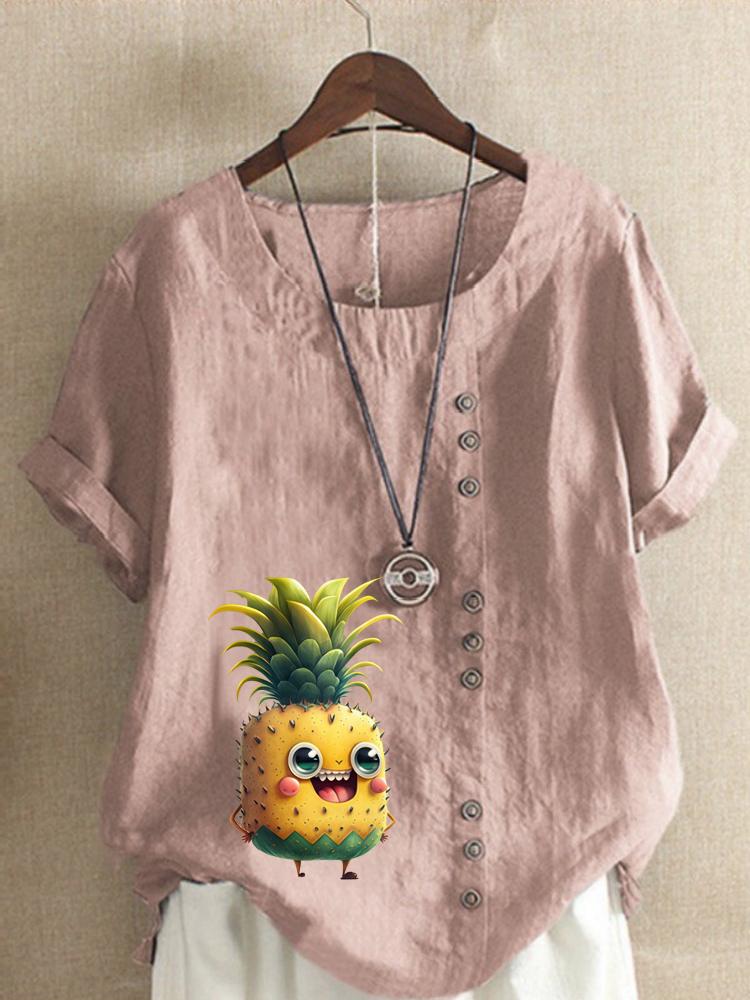 

Women s Fashion Pineapple Print Round Neck Short Sleeve T-shirt Summer Casual Cotton Linen Graphic Shirt Leisure Loose Blouse Tops S розовый
