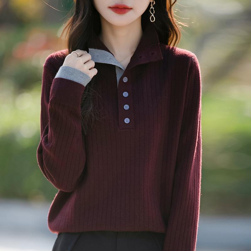 

Осень Зима Пуловер с воротником-стойкой Вязаный топ Женский Лоскутный Повседневный Модный Универсальный Базовый Свитер M красный